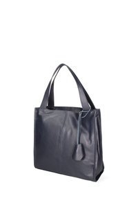 Borsa a spalla in pelle blu navy con forma strutturata, doppio manico e un elegante pon-pon decorativo abbinato. Superficie testurizzata con un leggero lucido.