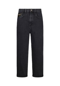 Jeans in denim nera con taglio dritto, cinque tasche e una toppa trapuntata sulla tasca frontale, caratterizzati da un logo del marchio in oro discreto.