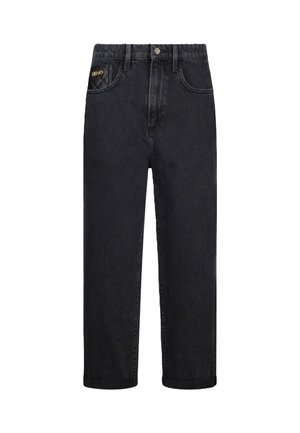 Jeans in denim nera con taglio dritto, cinque tasche e una toppa trapuntata sulla tasca frontale, caratterizzati da un logo del marchio in oro discreto.
