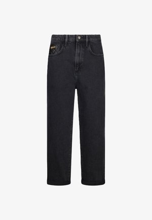 Jeans in denim nero con vita alta, gamba ampia e sfumature sottili. Tasche frontali, passanti per cintura e una patch con il marchio sulla tasca posteriore.