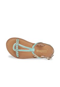 Leather sandal featuring a smooth tan footbed, turquoise braided strap design, and an adjustable ankle buckle with stitched detailing.