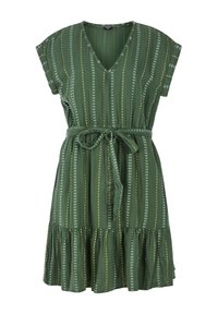 Grünes Kleid mit kurzen Ärmeln, V-Ausschnitt und einem Bindegürtel. Vertikale gelbe und weiße Streifen sowie eine Rüsche am Saum.