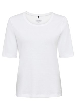 Weißes Baumwoll-T-Shirt mit Rundhalsausschnitt, kurzen Ärmeln und geradem Saum. Verfügt über minimale Nähte und ein kleines Markenlogo an der Seite.