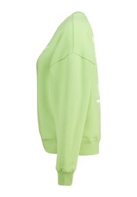Green sweatshirt featuring a crew neckline, long sleeves, and ribbed cuffs. Displays white graphic text on the side. Made of soft fabric.