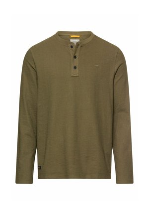 Men’s olive green long-sleeve Henley shirt with three black buttons and small logo on left chest.