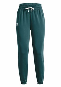 Türkise Sweatpants mit einem elastischen Bund, verstellbarem Kordelzug und gerippten Säumen. Mit einem kleinen weißen Logo am linken Bein.