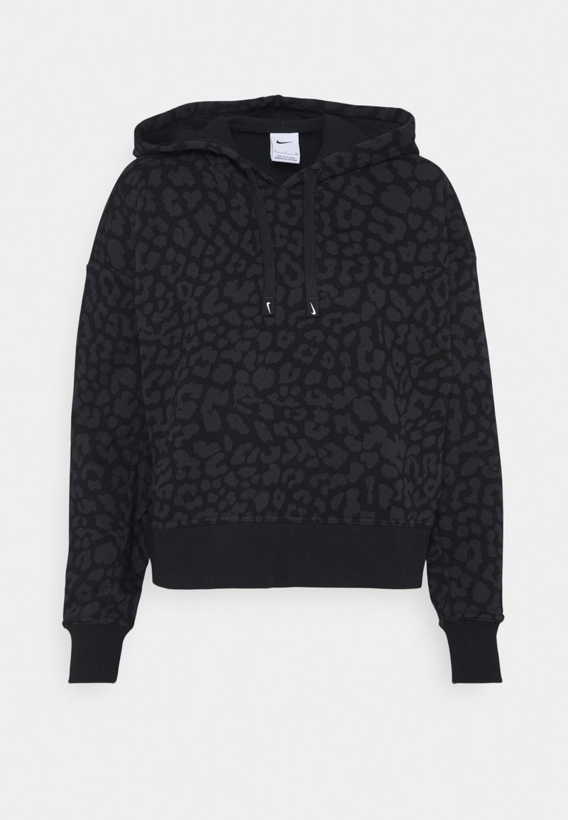 Sweat à capuche noir à imprimé léopard gris foncé, poche kangourou avant, cordons et poignets et ourlet côtelés, posé à plat sur fond blanc.