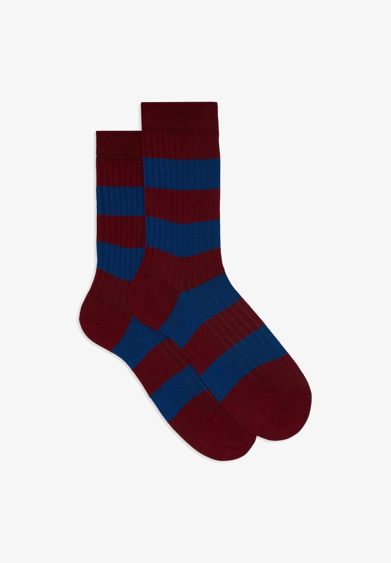 Striped socks featuring a ribbed texture in dark red and blue, displaying alternating horizontal stripes. Soft material and standard crew length.