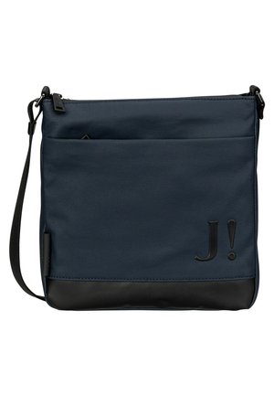 Borsa a tracolla blu navy con tessuto testurizzato, fondo nero, chiusura con zip e tasca frontale. Presenta un logo in rilievo ben visibile "J!".