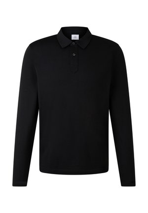 Schwarzes Langarm-Polohemd mit Kragen und Zwei-Knopf-Leiste, vor einem weißen Hintergrund präsentiert.