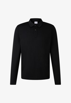 Czarna, długorękawowa koszulka polo z kołnierzykiem i zapięciem na dwa guziki, zaprezentowana na białym tle.