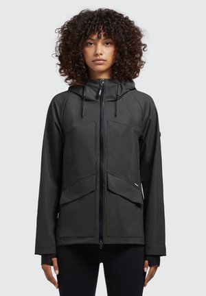 Dark green jacket with a hood, featuring a zip closure, two large front pockets, and elastic cuffs for a snug fit. Smooth, water-resistant fabric.