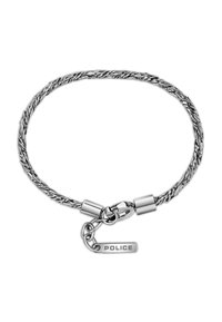 Bracciale in metallo argentato intrecciato con un fermo sicuro e un piccolo tag inciso con la parola "POLICE". Texture liscia e design elegante.