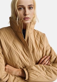 Beige gesteppte Jacke mit hohem Kragen, Reißverschluss und langen Ärmeln. Die Textur wirkt weich und glatt, mit einem Rautenmuster.