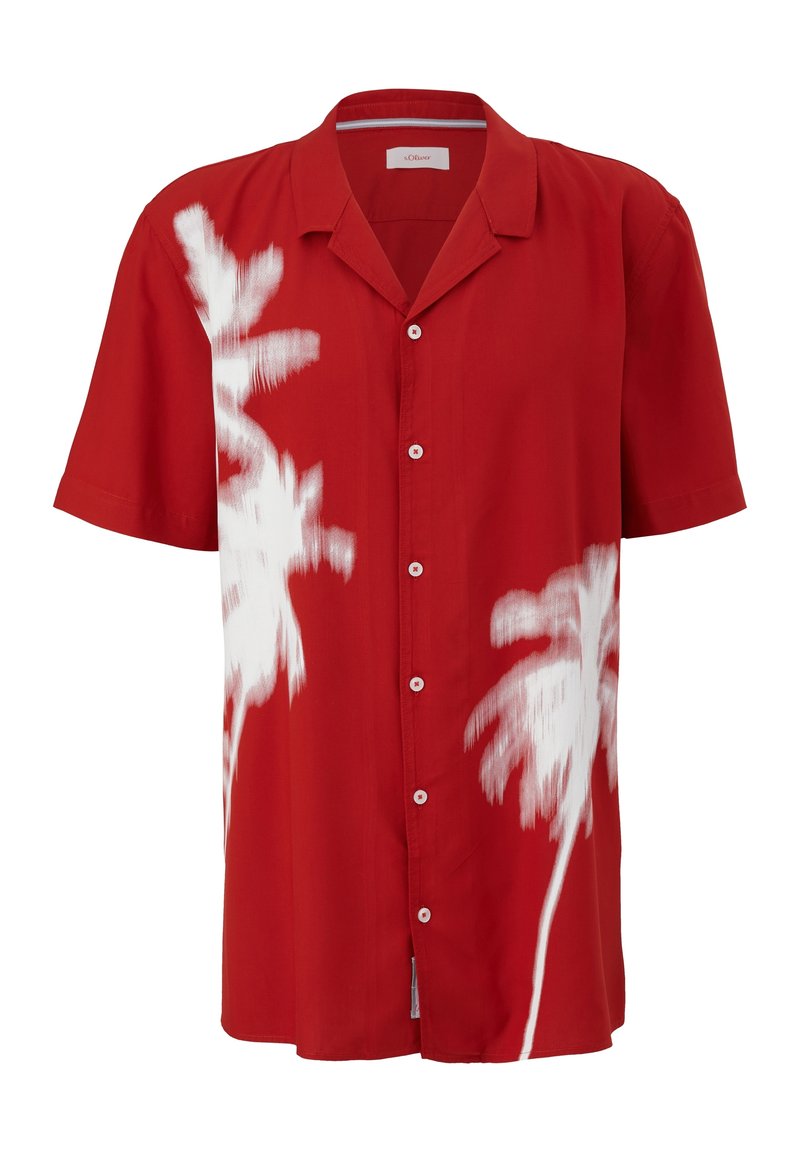 Rotes Kurzarmhemd mit weißen Palmenmuster, klassischem Kragen, durchgehender Knopfleiste und glatter Textur.