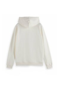 Witte hoodie van zacht materiaal, met een trekkoordkap, ribgebreide manchetten en een lichte textuur. Achteraanzicht benadrukt.