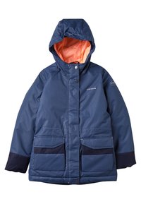 Mörkblå isolerad jacka med huva, orange inre foder, knappstängning fram och två stora fickor med marinblå detaljer.