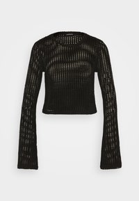 Pull court noir avec des manches longues, fabriqué en maille ajourée. Il présente un col rond et une surface aérienne et texturée.
