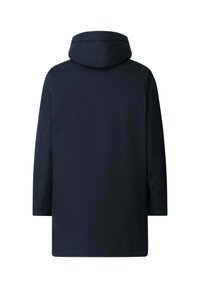 Granatowy długi płaszcz z przymocowanym kapturem, pokazany z tyłu, z długimi rękawami i prostym wykończeniem.