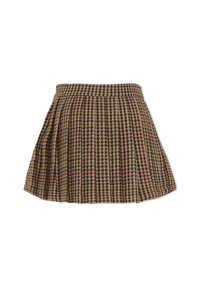Bruine geplooide rok in een pied-de-poule patroon met bordeauxrode en beige accenten. De stof heeft een gestructureerde weving en een aansluitende tailleband.