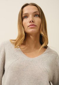 Maglione gris chiaro lavorato a maglia con scollo a V, caratterizzato da costine testurizzate e sottili dettagli delle cuciture. Tessuto morbido con vestibilità relaxed.