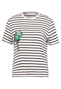 Pruhované tričko s krátkým rukávem v bílé a černé barvě s vyšitým zeleným papouškem na levé hrudi. Bavlněný materiál, klasický kulatý výstřih.