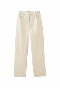 Beige faux leren broek met een krokodillenstructuur, recht model, tailleknop en twee voorzakken.
