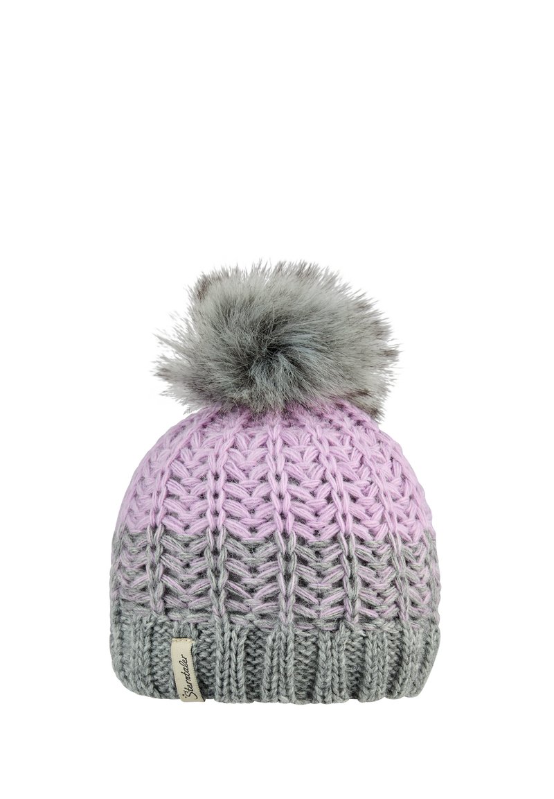 Knitted winter hat with gray and pink gradient pattern, ribbed edge, and large gray faux fur pom-pom on top.