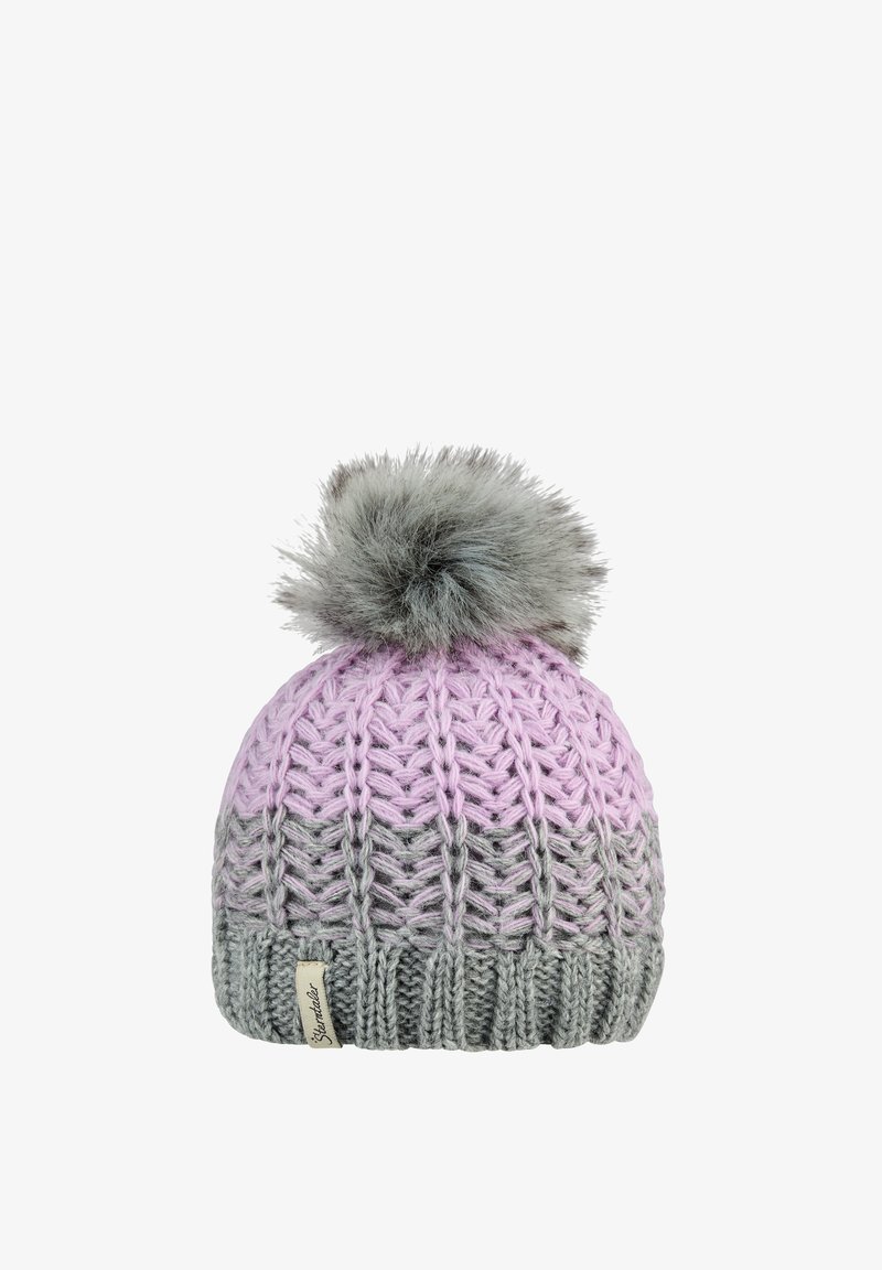 Gestrickte Wintermütze mit grauem und pinkem Farbverlaufs-Muster, geripptem Rand und großem grauem Kunstfell-Pompon oben drauf.