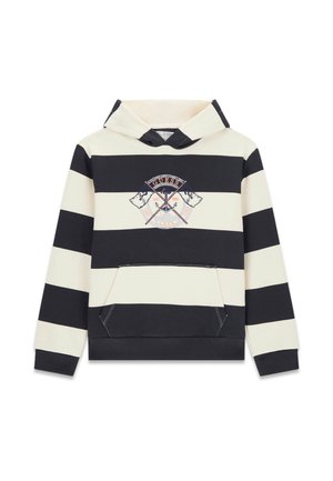Huvtröja med svarta och gräddfärgade horisontella ränder, en framficka och broderad logotypdetalj på bröstet.