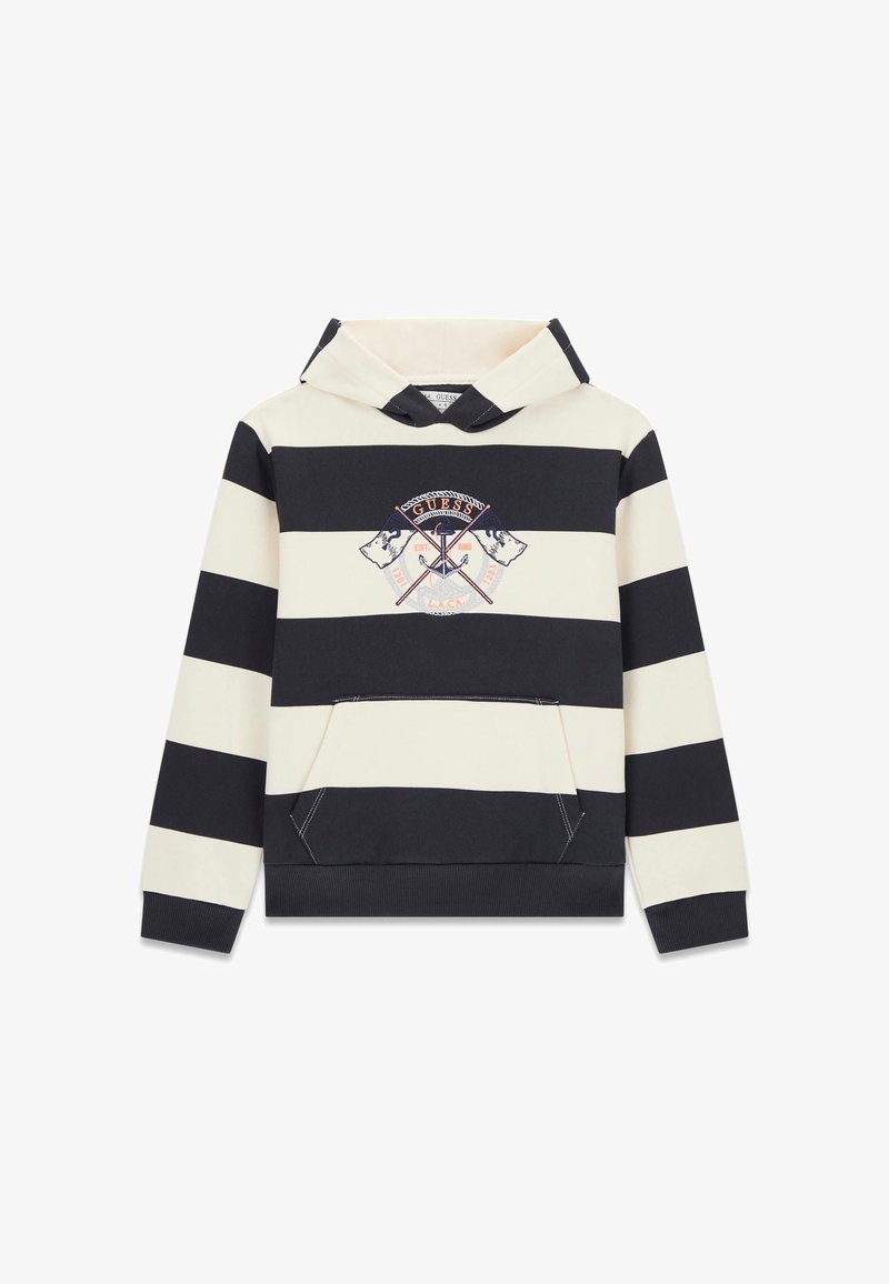 Kapuķēta sporta krekls ar melnbaltām horizontālām svītrām, ar priekšējo kabatu un izšūtu logotipa detaļu uz krūšu daļas.