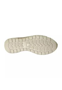 Suola di una scarpa con superficie testurizzata a motivo zigzag, di un beige chiaro con motivi di battistrada prominenti per una migliore aderenza.