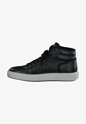 Zwarte leren high-top sneaker met textuur, platte witte rubberen zool, ronde neus en zwarte veters, voorzien van een gepolsterde kraag en tong.