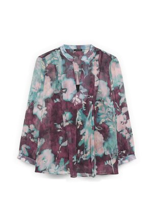 Průhledná halenka s dlouhými rukávy s květinovým potiskem v barvách tyrkysové a fialové, s límečkem na knoflíky a výstřihem ve tvaru klíčové dírky, volného střihu.