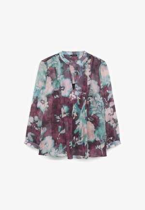 Bluza transparentă cu mâneci lungi, cu imprimeu floral turcoaz și mov, având guler în bandă și decolteu decupat, cu croială lejeră.