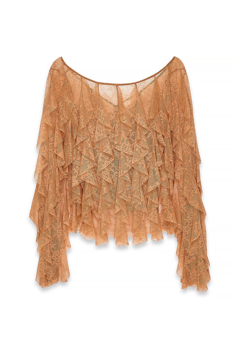 Sheer brown lace blouse with layered ruffles and long sleeves, featuring a wide boat neckline and floral lace pattern.