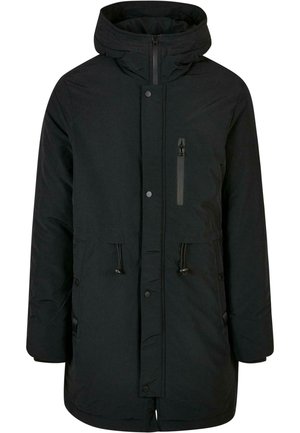 Parka nera con cappuccio, dotata di chiusura con zip, bottoni a pressione frontali e due tasche anteriori. Tessuto texturizzato con dettagli a stringa.