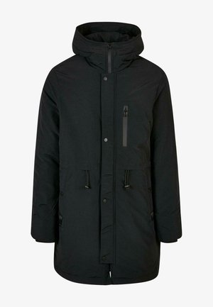 Parka nera con cappuccio, dotata di chiusura con zip, bottoni a pressione frontali e due tasche anteriori. Tessuto texturizzato con dettagli a stringa.