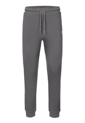 Szare spodnie dresowe wykonane z miękkiego materiału, z elastycznym pasem i regulowanym sznurkiem, zwężane nogawki oraz mały detal z logo.