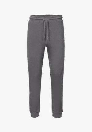 Grå joggingbukser lavet af blødt stof med elastisk talje og justerbar snøre, tilspidsede ben og et lille logodetalje.