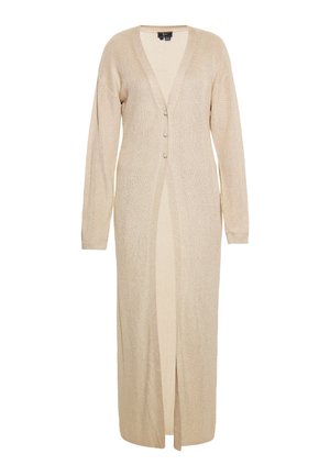 Beige lange cardigan met ribbeltextuur, open voorkant, lange mouwen en drie knopen aan de bovenkant. Bevat een verticale split voor extra detail.