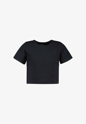 Zwart kort mouwtjes cropped geribd gebreid topje met een ronde hals, weergegeven op een witte achtergrond.