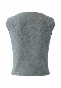 Grauer gestrickter ärmelloser Oberteil mit rundem Halsausschnitt, der eine gerippte Textur und ein einfaches, cleanes Design aufweist. Keine sichtbaren Beschläge oder Verzierungen.