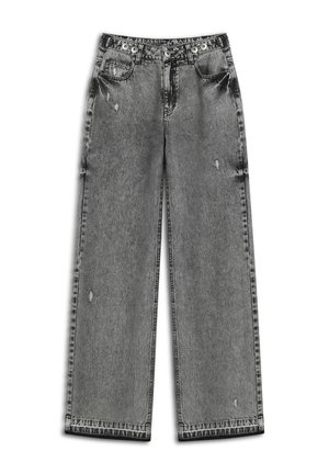 Jeans a gamba larga in denim nero sbiadito con dettagli strappati, dotati di chiusura con bottone, passanti per cintura e cinque tasche.