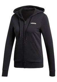 Sweat à capuche zippé noir en tissu doux, avec capuche à cordon, poches avant et logo adidas blanc en haut à gauche.