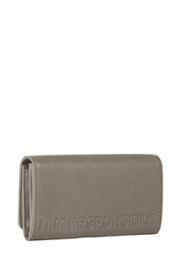 Portafoglio in pelle grigia con trama, caratterizzato da un testo in rilievo "I AM RESPONSIBLE" sul davanti, con una finitura liscia e una forma rettangolare.