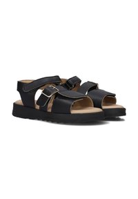 Zwarte leren sandalen met open tenen, verstelbare banden en een gestructureerd oppervlak. Voorzien van een platte zool met een robuust profiel voor grip.