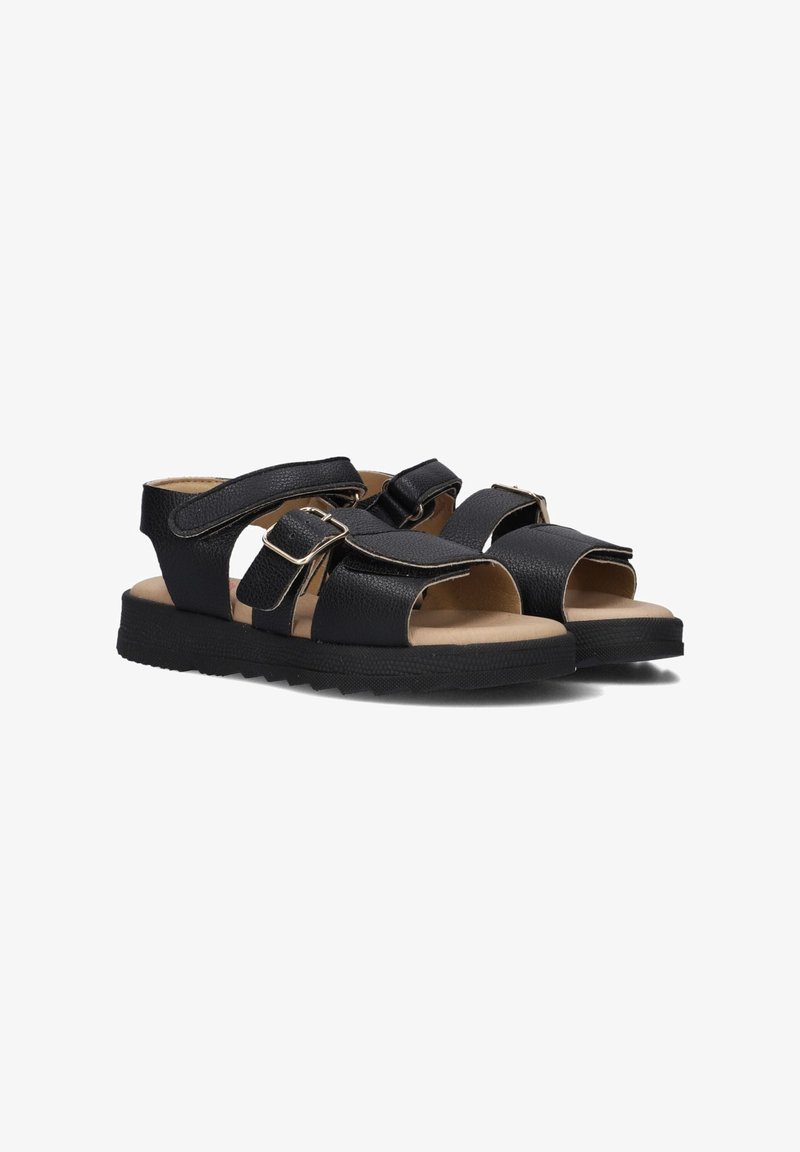 Black leather sandals with open toes, adjustable straps, and a textured surface. Features a flat sole with a rugged tread for grip.