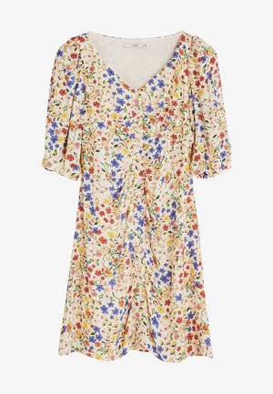 Blumenkleid mit V-Ausschnitt, kurzen Puffärmeln und einem cremefarbenen Hintergrund. Es hat rote, blaue und gelbe Blumen sowie Knopfdetails an der Vorderseite.