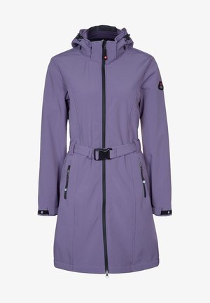 Lilla lang regnfrakke med justerbar hætte, frontlynlås, bælte i taljen og lynlåslommer i siderne.